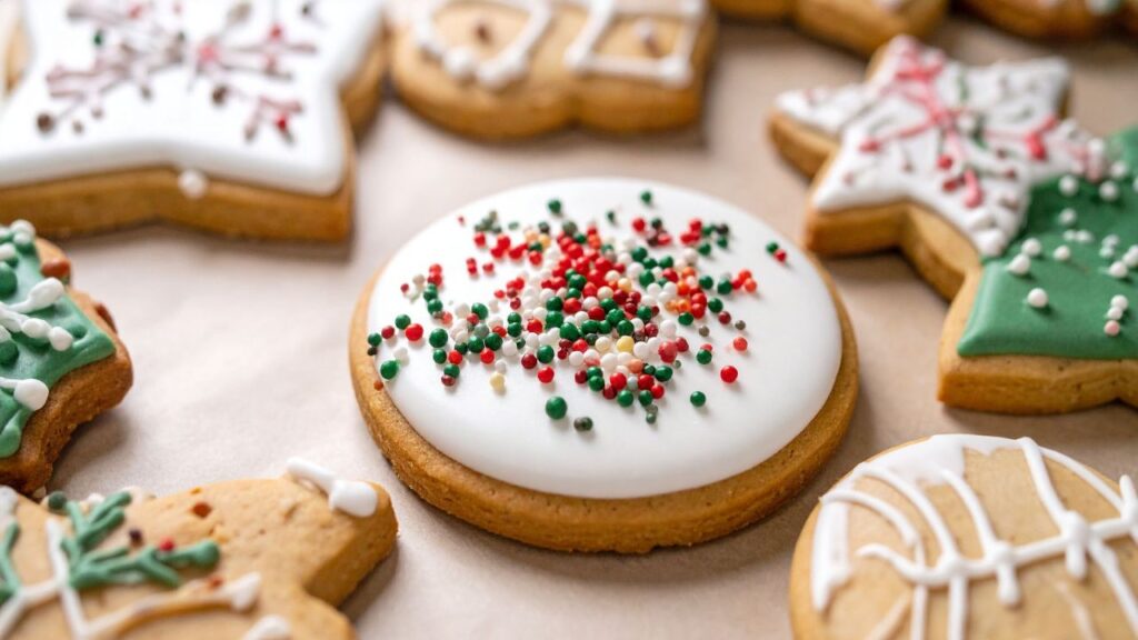 ノンパレルのクリスマスミックスをクッキーに乗せる