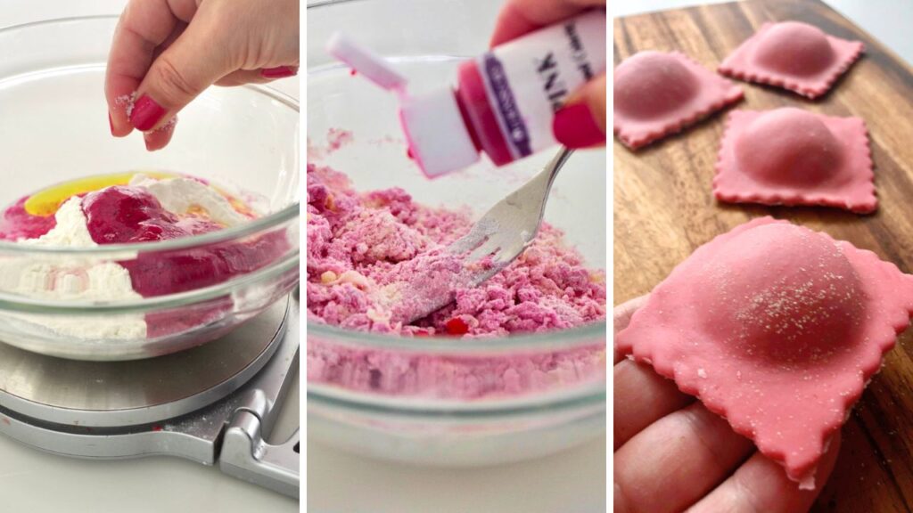 ドラゴンフルーツと着色料を混ぜたパスタ生地