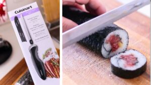 電動ナイフで海苔巻きを切る