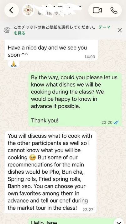 料理教室の詳細をWhatsAppで確認