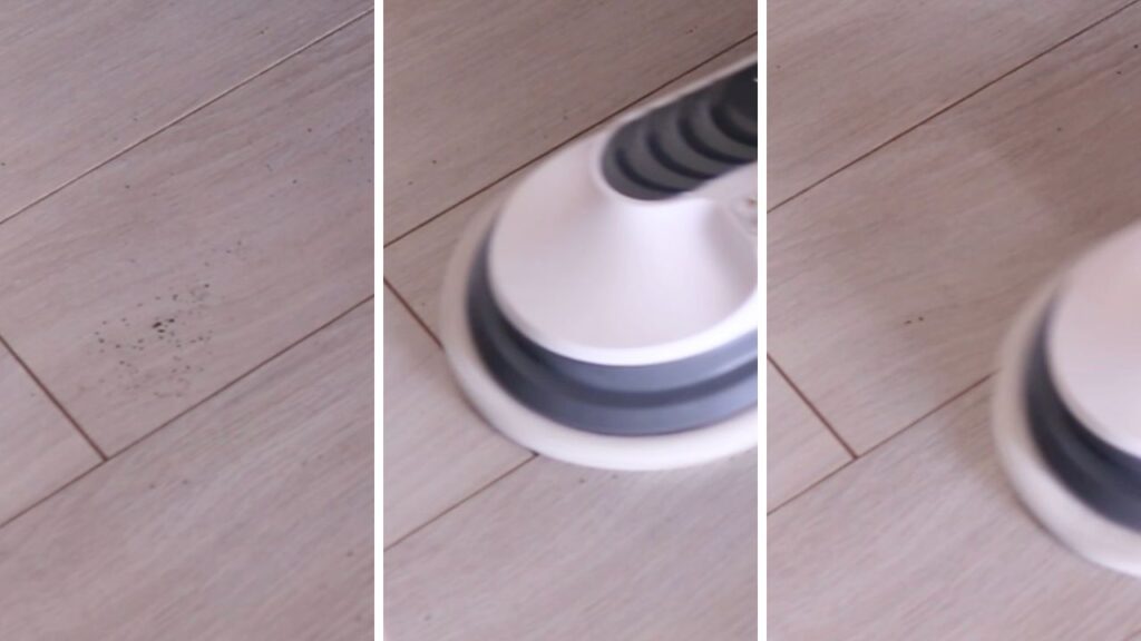 頑固な汚れの上で回転スチームモップを長く回すと大抵の汚れは落ちる