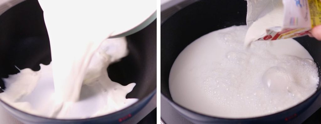 リコッタチーズ材料の牛乳と生クリームを火にかける